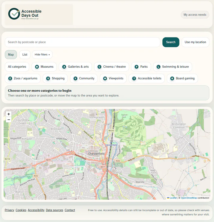 Accessible Days Out search interface with category filters and a map of Chesterfield.