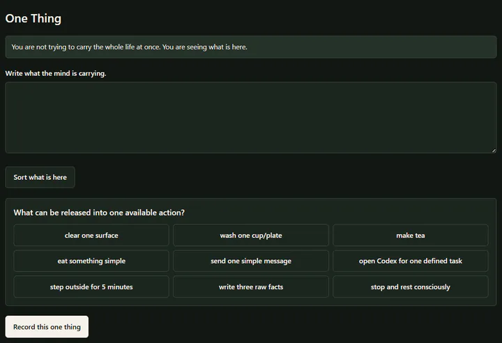 Now Practice Companion’s One Thing screen with an empty reflection area and suggested available actions.
